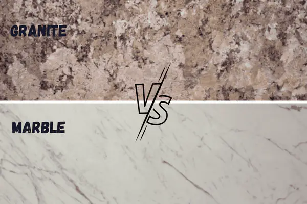 half of the upper page contains a granite countertop and the south part of the page contains a marble countertop